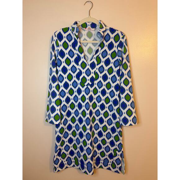 Jude Connally Blue Green GeoPrint Stretch Tunic Dress Preppy Resort Small - Picture 1 of 7